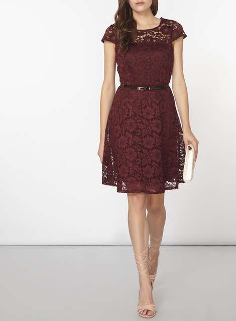 Wine Lace Belted Fit And Flare Dress